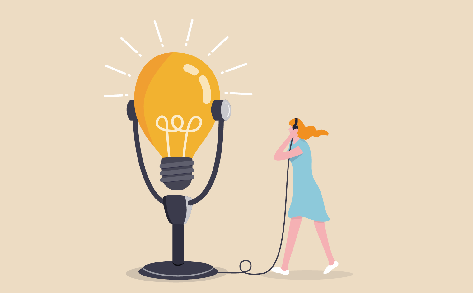 a cartoon woman with headphones plugged into a giant lightbulb