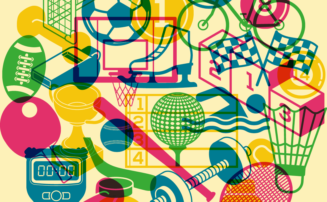 An illustration of dozens of sports related items and icons superimposed one over another