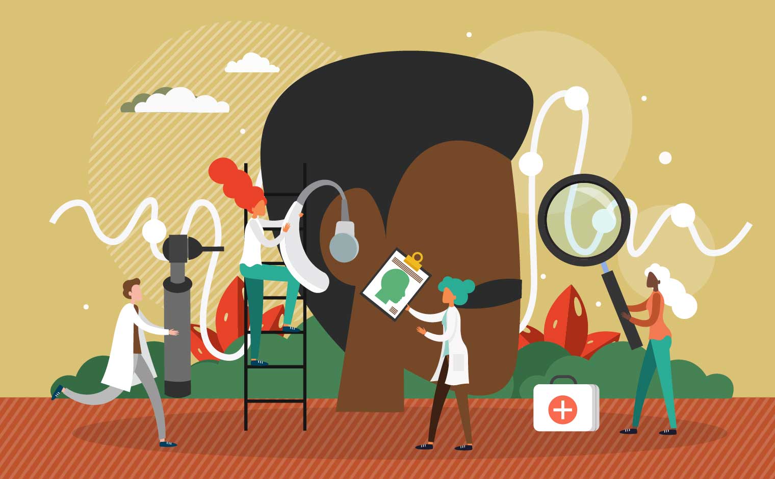 an illustration of tiny hearing care doctors providing care for a patient